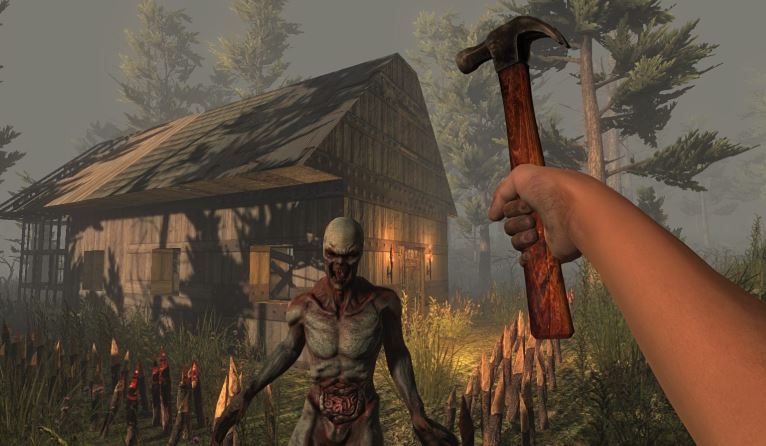 Player attacking a zombie with a hammer.