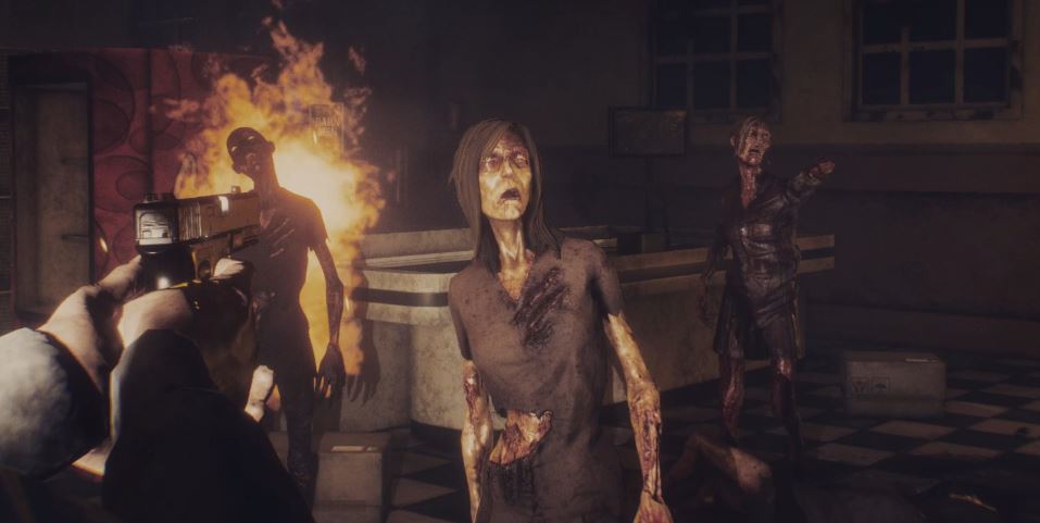 Player shooting at several zombies, including one that is on fire