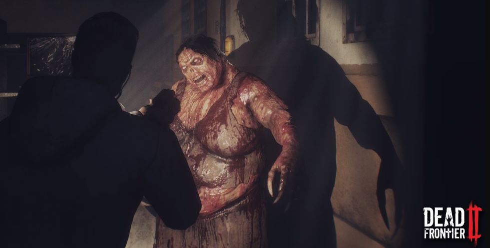 Using a flashlight, a player takes aim at a blood soaked zombie