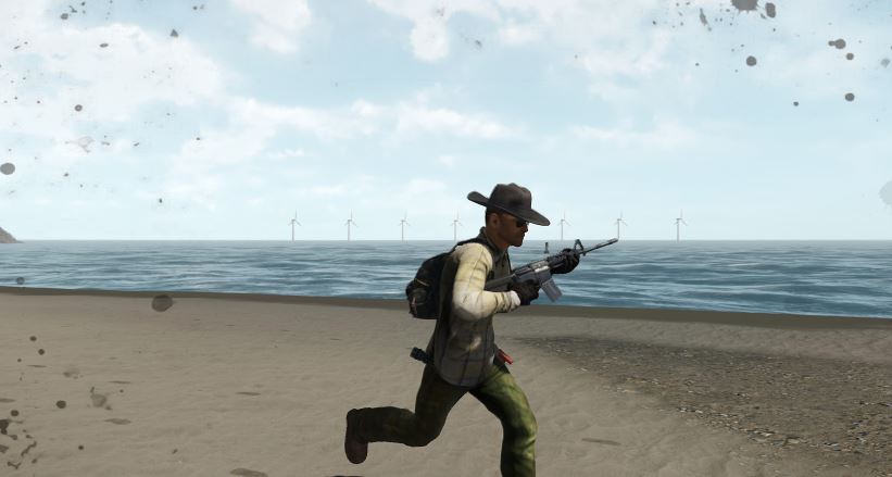 Player running along beach with a rifle and stylish hat