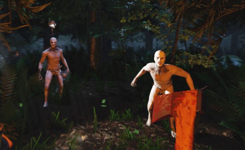 Two naked cannibals trying to eat a player with an ax.