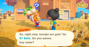 Daisy Mae selling stocks to a villager.