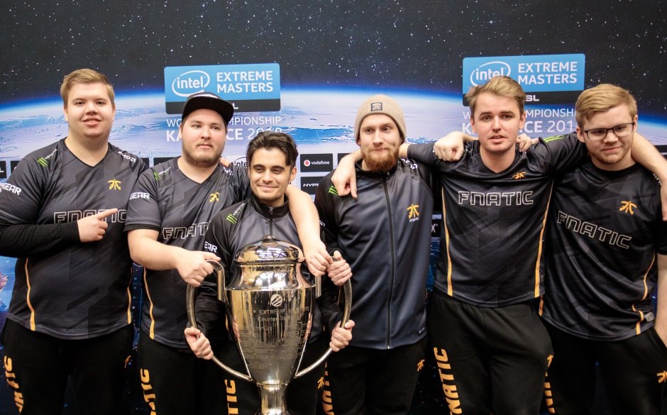 Fnatic hold their trophy after defeating Faze Clan 3-2 in the finals of IEM Katowice (Left to Right): JW, flusha, Golden, KRIMZ, lekr0, & coach pita