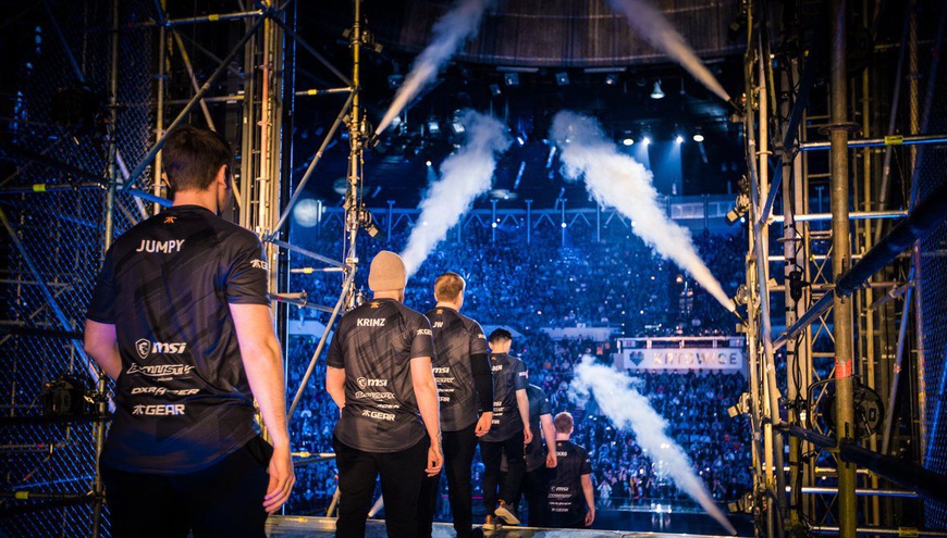 Fnatic walk onto the stage for the opening ceremony of the grand final before they play Faze Clan at IEM Katowice.