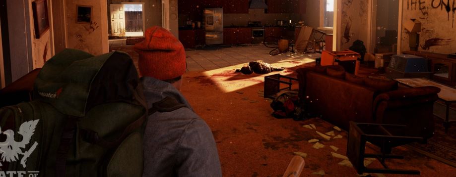 Player walking through house that has been destroyed and littered with the dead