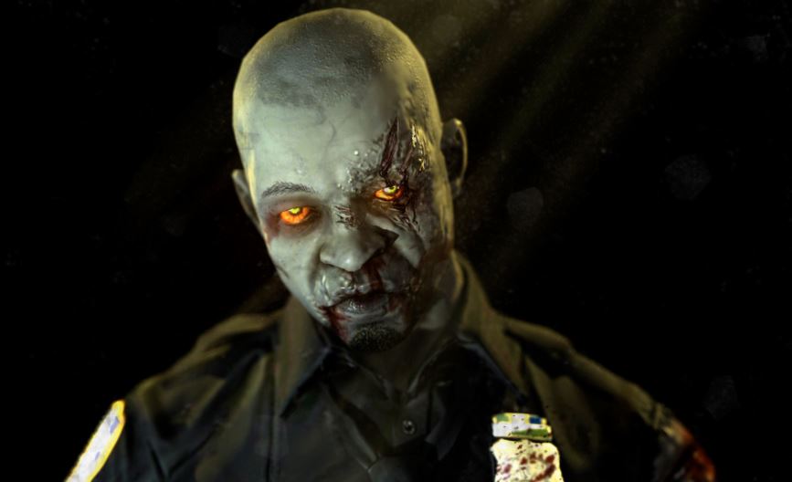 Closeup of a zombie that used to be a police officer.