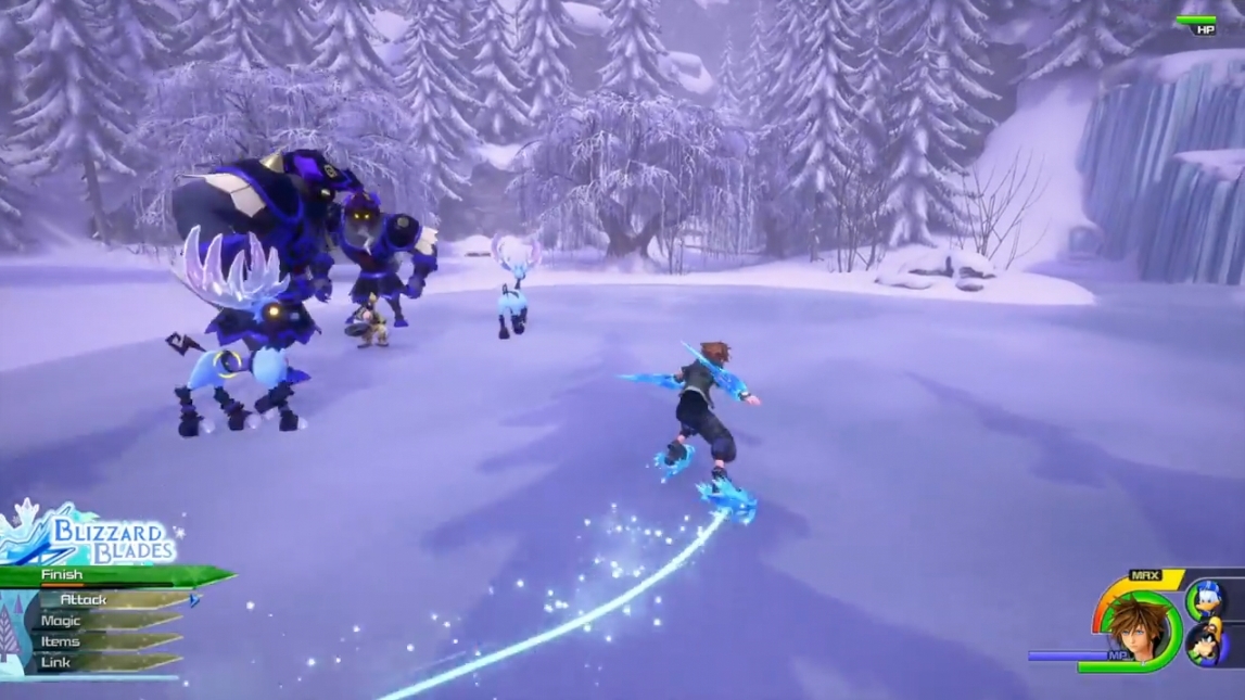 Sora skating on a frozen lake fighting Frozen themed Heartless