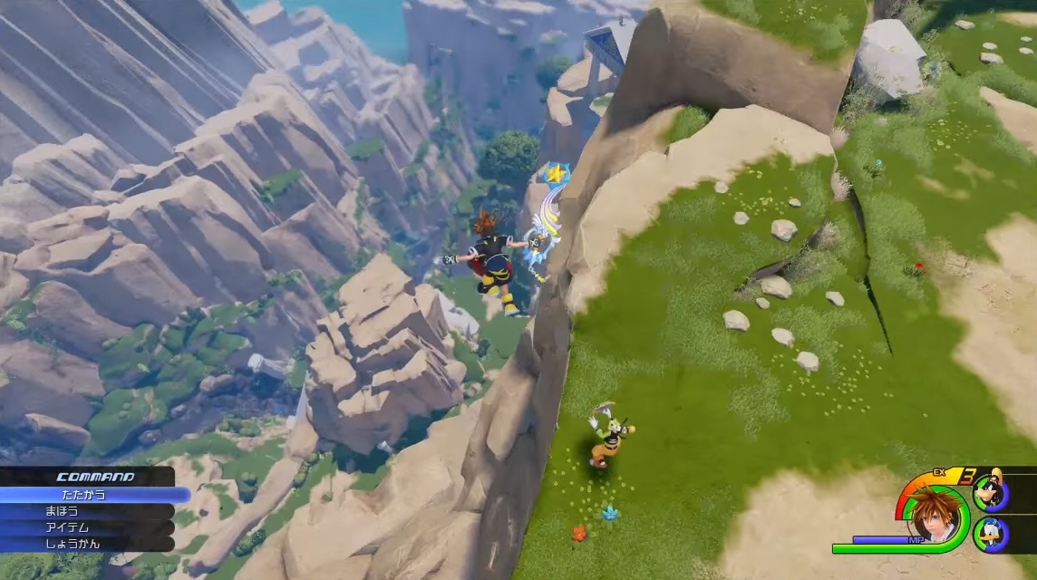 Sora jumps from a cliff down Mount Olympus