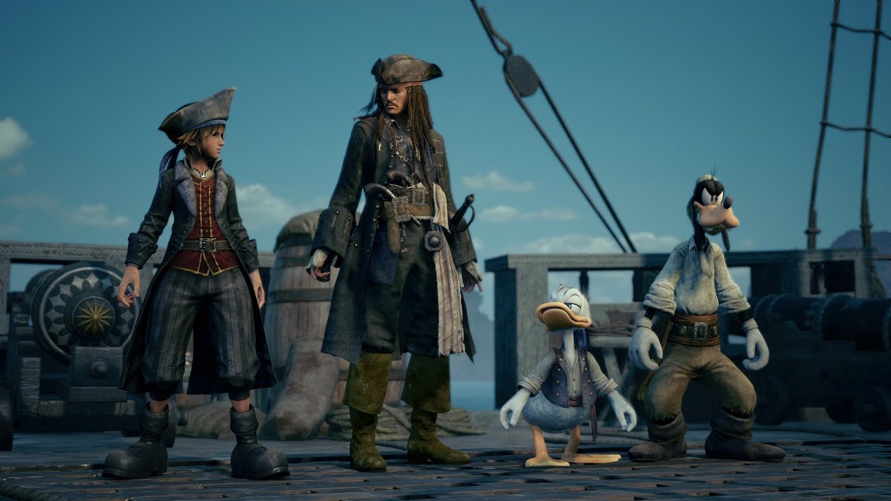 Sora, Donald, and Goofy in pirate outfits stand next to Jack Sparrow