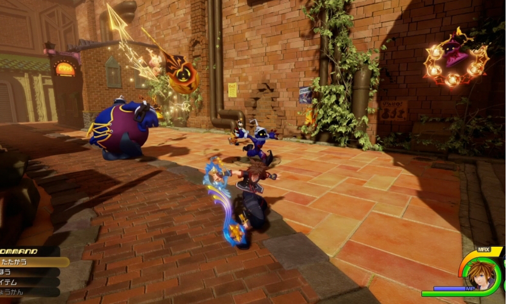 Sora fights Heartless in Twilight Town