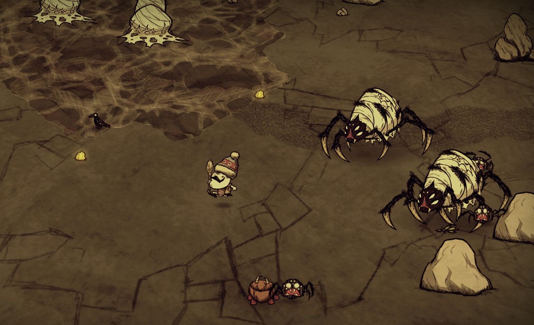 Giant spiders attack a small man in Don't Starve Together