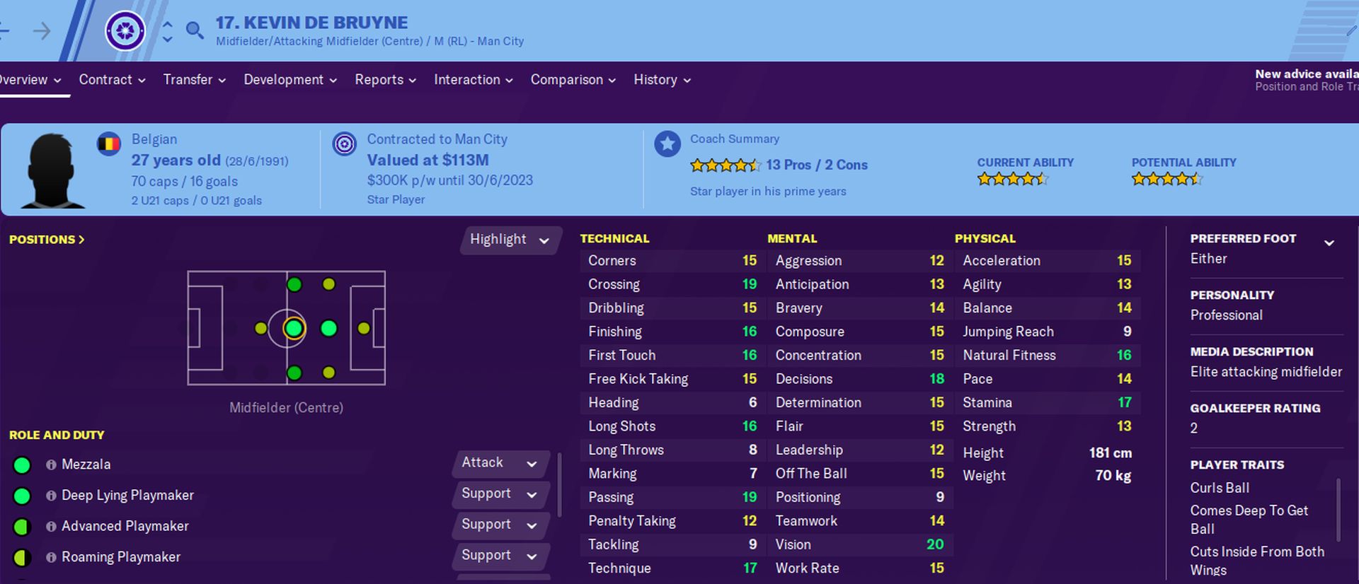 Kevin De Bruyne FM20 Stats