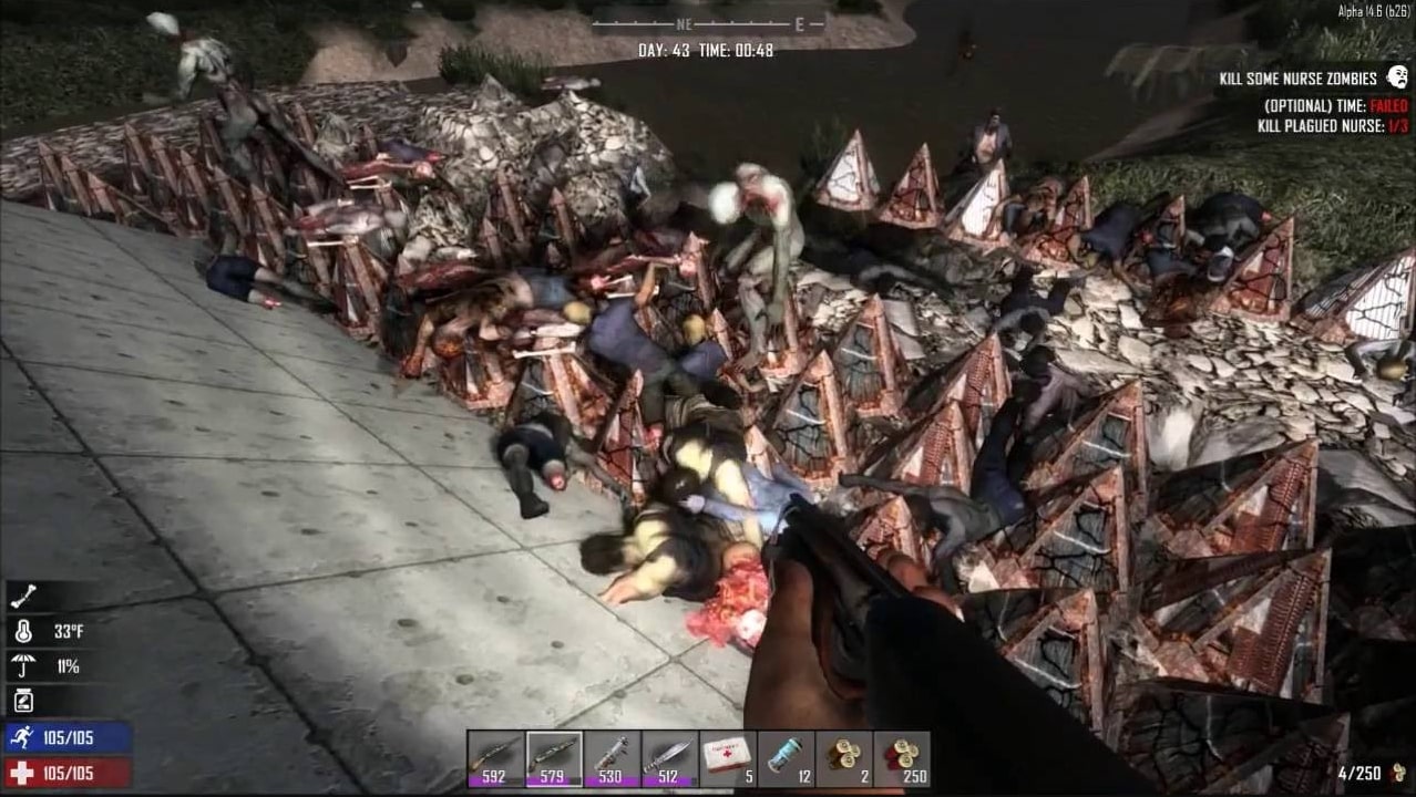 Hoard of zombies impaled on spikes outside of base 