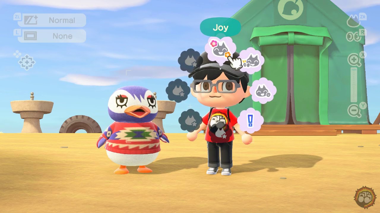 Flo taking a picture with a villager. 