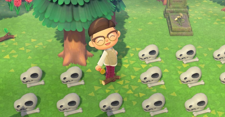 A villager with a bunch of fossils in front and behind him. 
