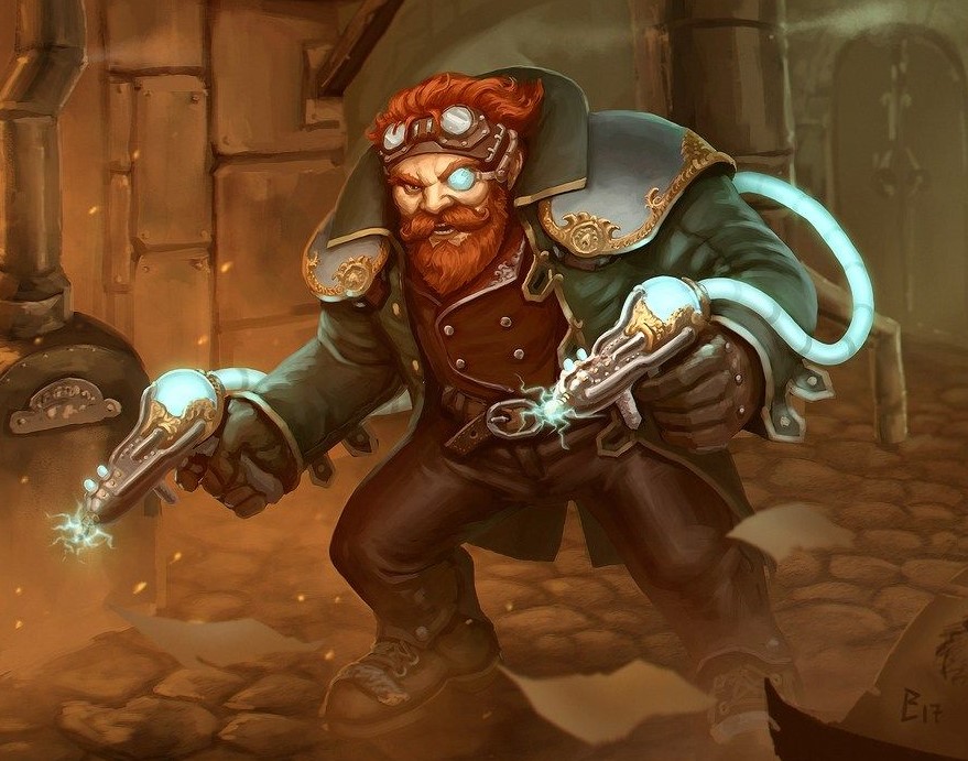 A dwarven artificer with a pair of unique guns.