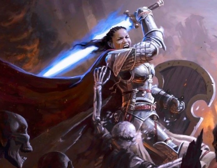 A female Paladin with a sword that glows radiantly