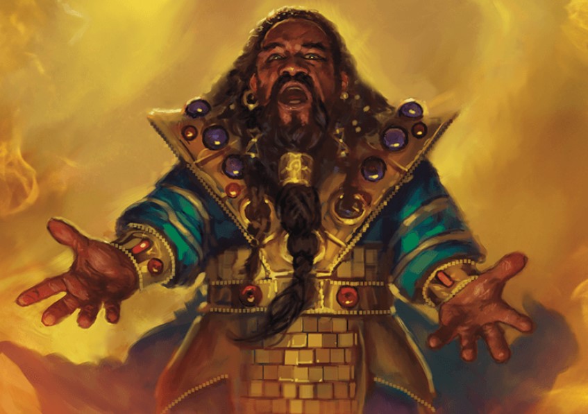 A dwarven cleric surrounded by divine energy