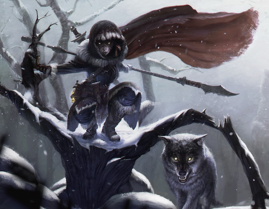 A drow huntress with a wolf, presumably hunting something