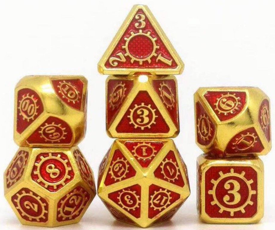 These dice have red faces with gold numbers, edges, and gears.
