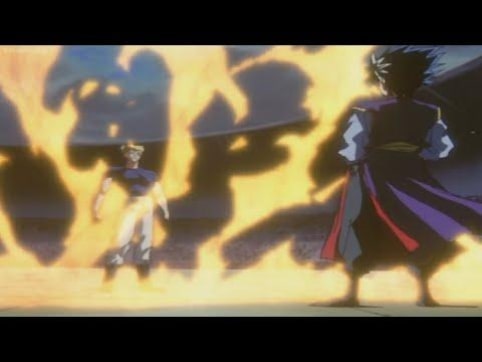 Hiei facing Zeru's flames