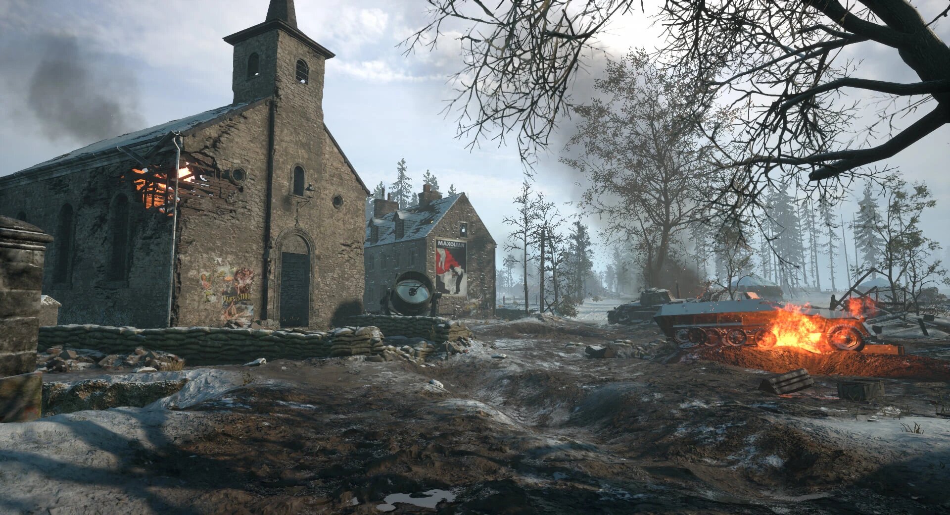 A snowy wasteland punctuated by a burning church in the Foy map.
