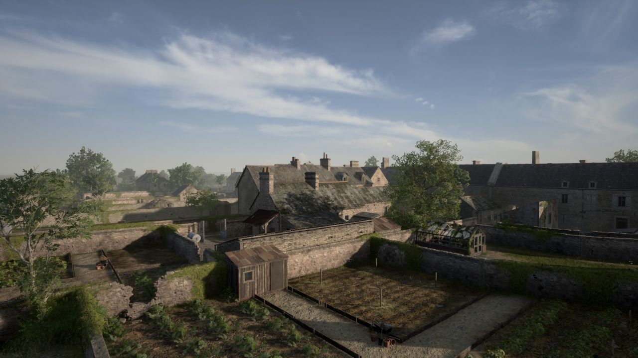An aerial shot of the houses in Sainte Mere Eglise.