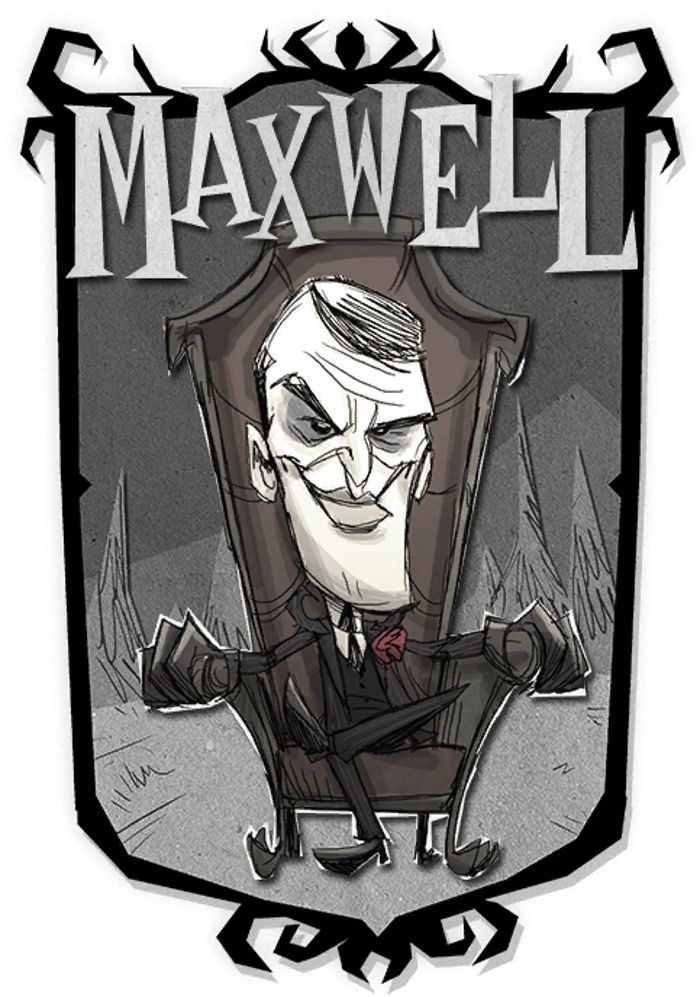 Maxwell, the main antagonist of Don't Starve, seated on his Nightmare Throne as a playable character in the game.