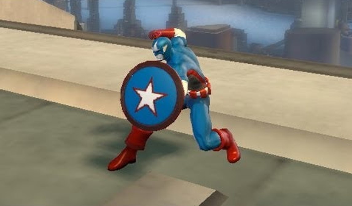 A hero modeled after Captain America protects himself with a shield
