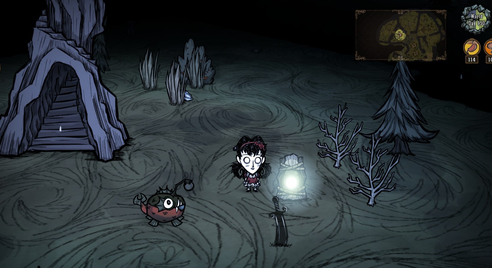 Willow gloomily watching a dark sword in the Caves