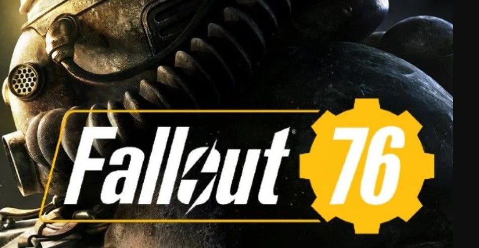 Person in power armor facing left with text across the lower half of the screen that reads, "Fallout 76"