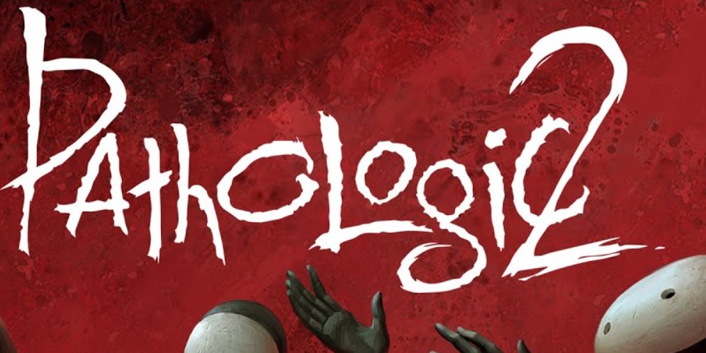 Red background with white text and two mysterious figure with white masks at the bottom
