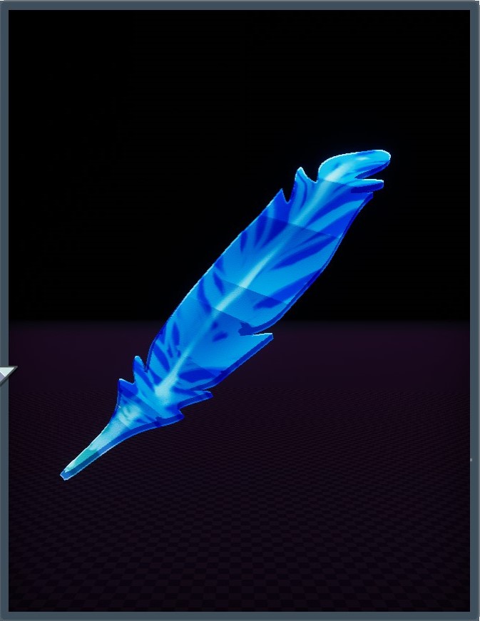 [A large blue cartoonish feather.]