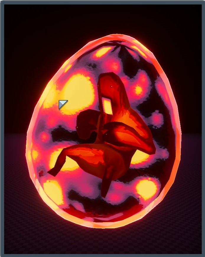 [A red orange and yellow glowing egg with a strange creature forming inside.]