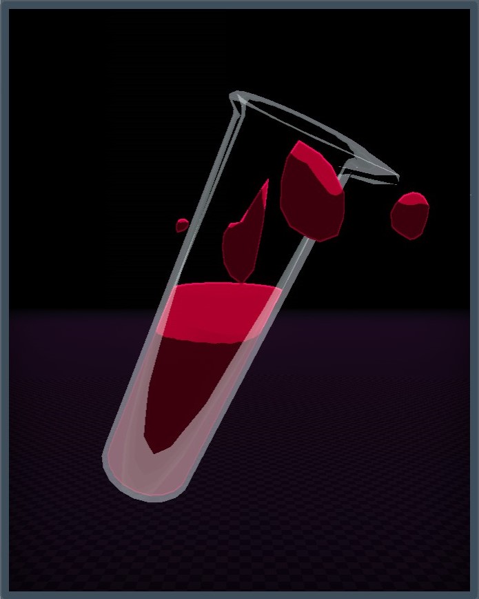 [A vial filled with a red liquid that may or may not be blood.]