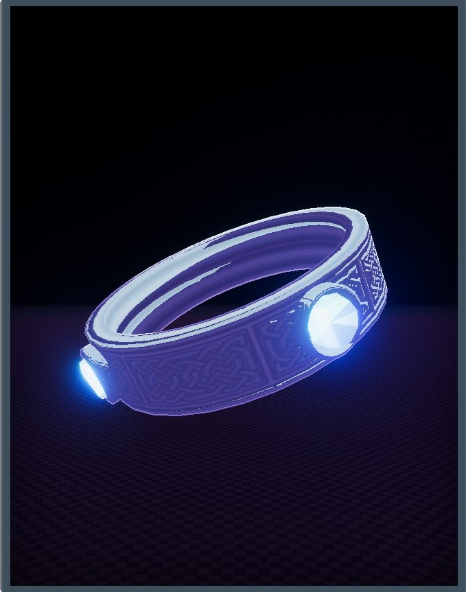 [A purple toned ring with two glowing stones.]