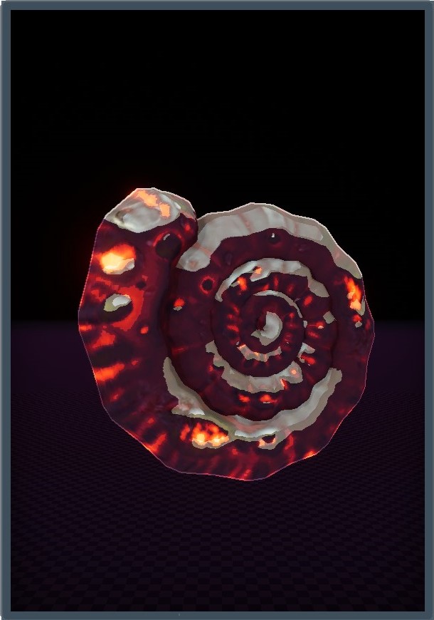 [A dark red spiral shell with glowing orange spots.]