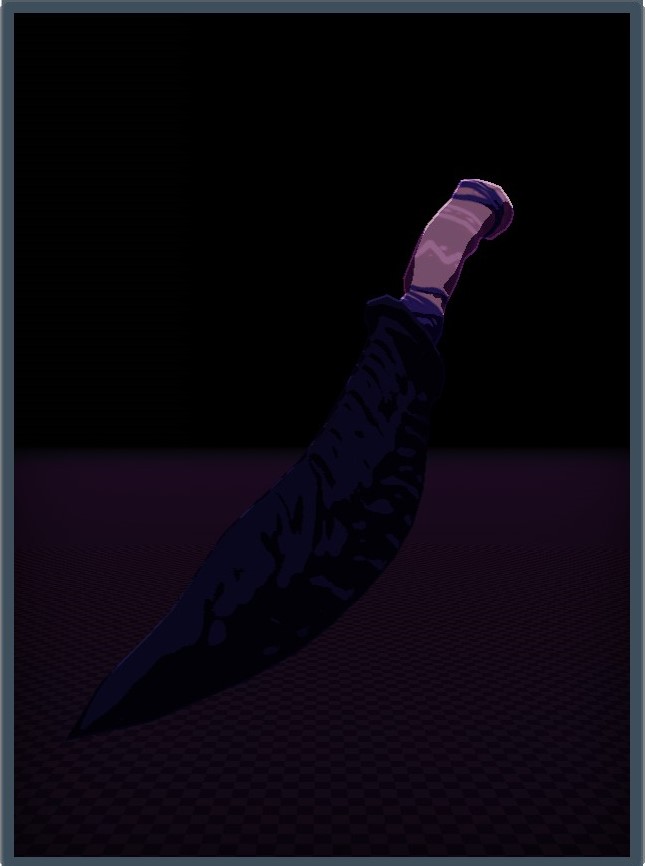[A rigid dagger with a navy blue blade and almost pink handle.]