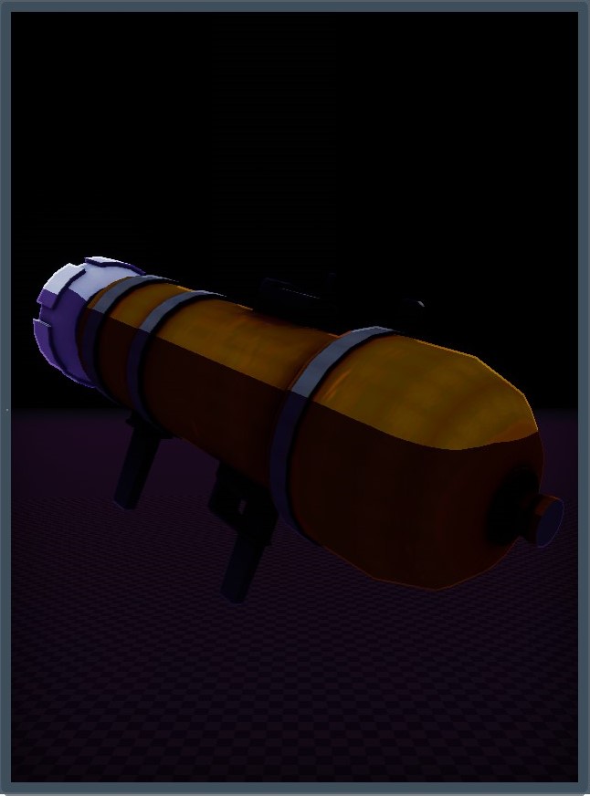 [A large orange white and black missile launcher.]