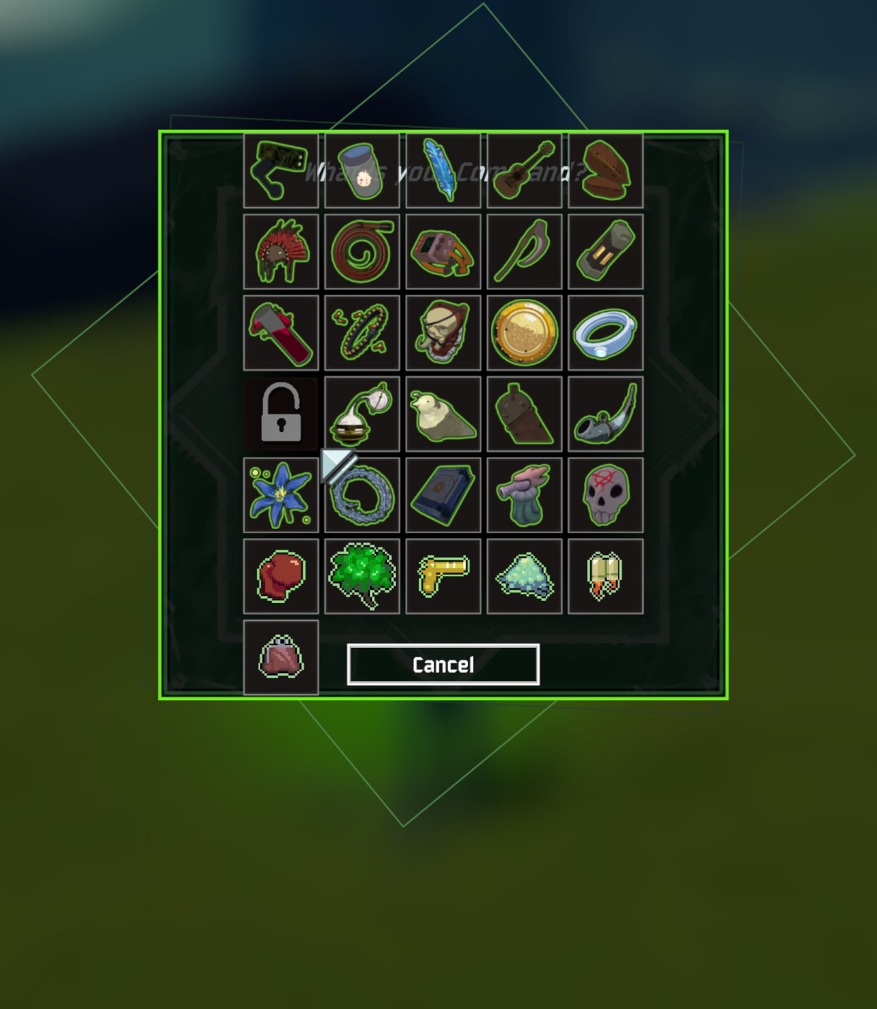 [A green item selection screen from a command essence, with the Artifact of Command.]