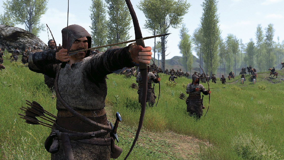 A group of archers eye a far-off enemy