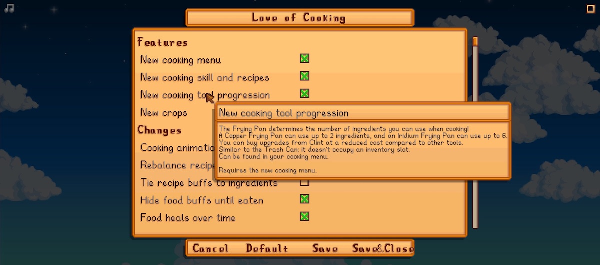 New additions to the main menu with The Love of Cooking mod.