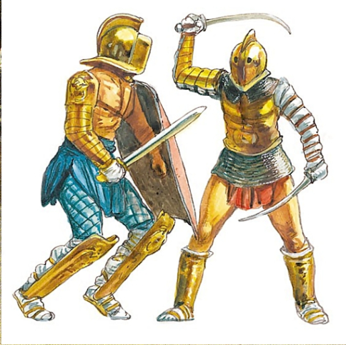 An artistic depiction of two gladiators, including the dimachearus wielding his twin curved swords.