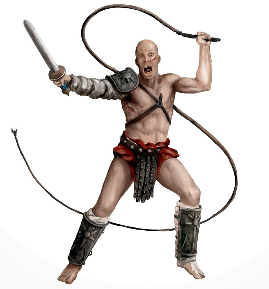 A gladiator wields a sword in one hand and his lasso in the other, ready to entangle any foe that crosses his path.