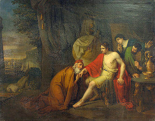 Priam begs Achilles for the body of his son.