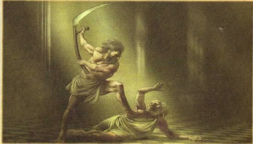 Cronus takes down Uranos with his stone sickle/scythe, allowing him to take control of the world.