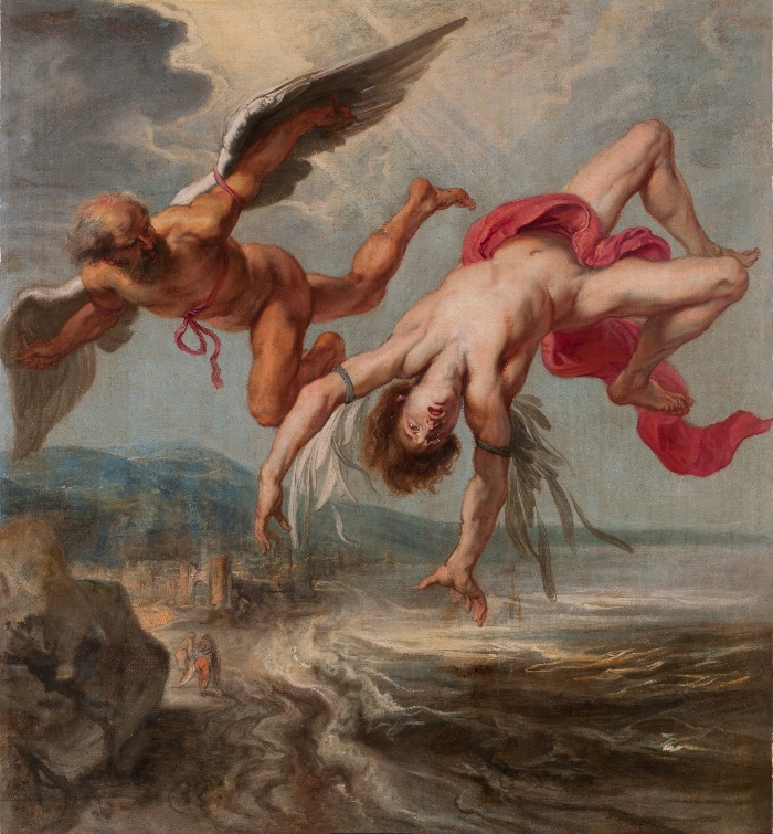 Icarus falls from the sky, perishing due to his own hubris