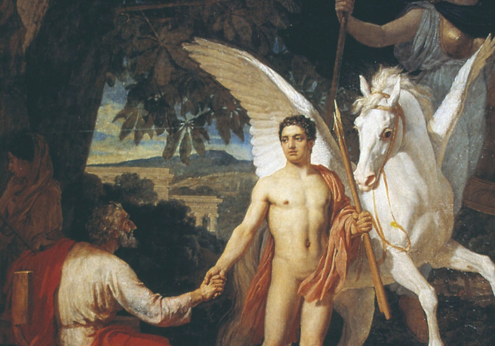 Bellerophon is joined by his flying horse, Pegasus
