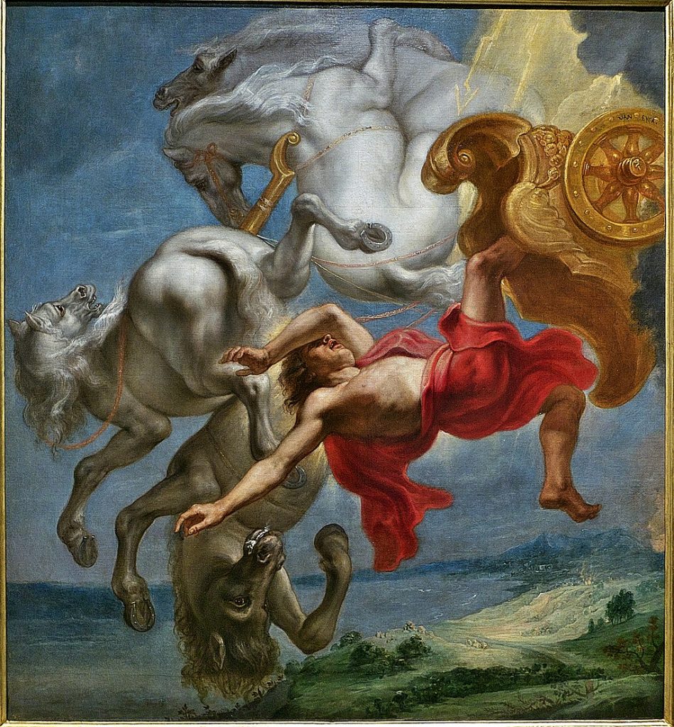 Phaethon is shot down from his flying chariot, and now he falls down to his death