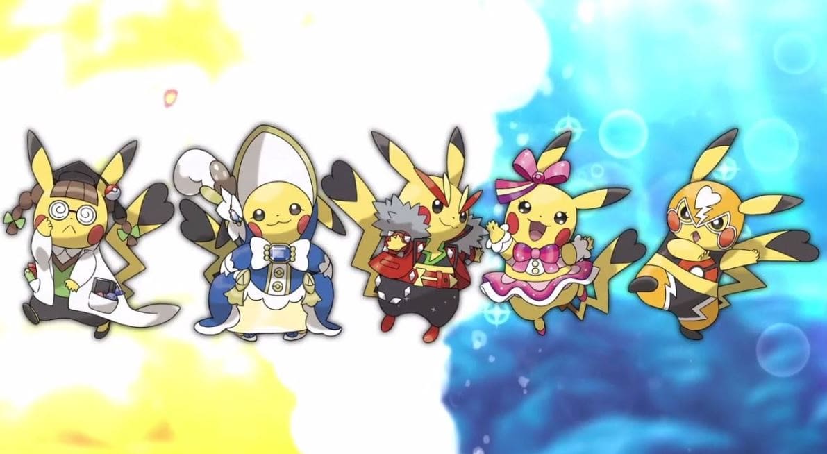 Pikachu tries on new outfits that demonstrate Pokemon contest values: Smarts, beauty, coolness, cuteness, and toughness